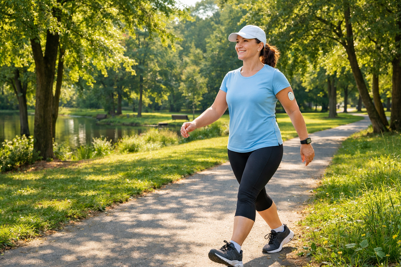 A person walking in a sunny park with trees, wearing comfortable athletic clothing, demonstrating moderate physical activity for diabetes management