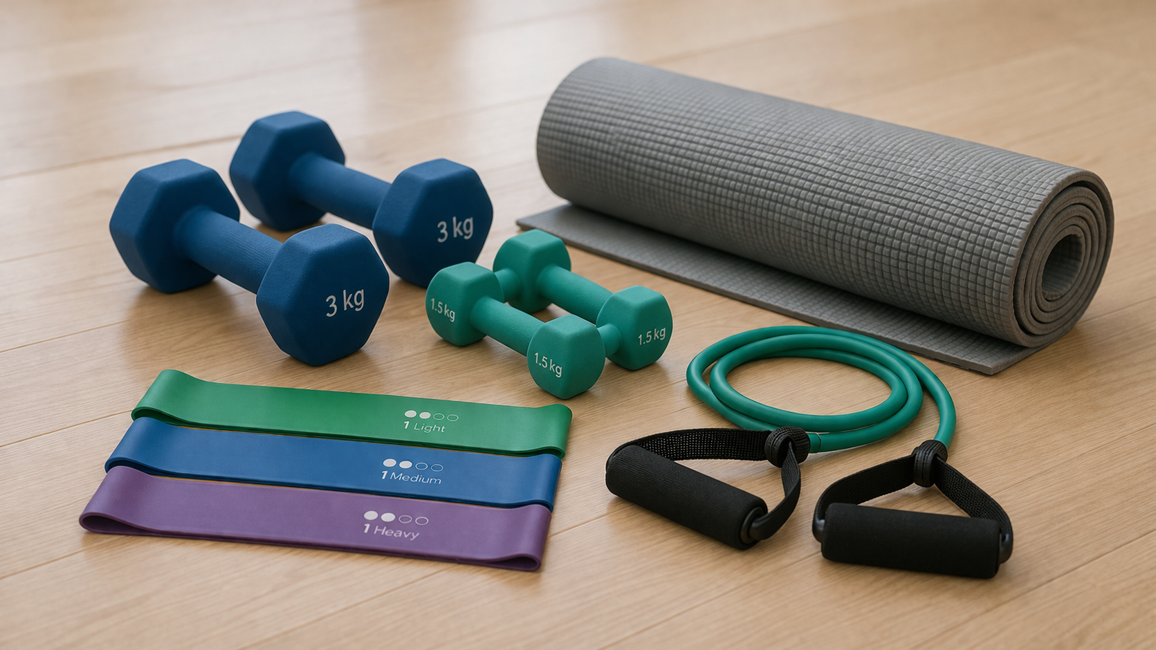 Collection of exercise equipment including dumbbells, resistance bands, and yoga mat arranged neatly, suitable for diabetes-friendly home workouts